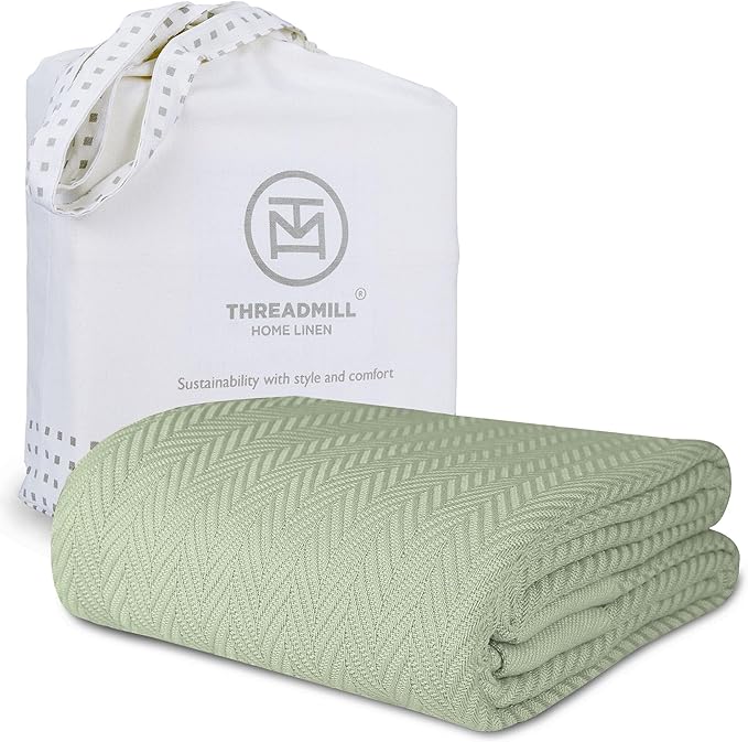 Threadmill Luxury Cotton Blankets for Twin Size Bed | All-Season 100% Cotton Twin Blanket for Bed | Herringbone Soft & Cozy Fall Thermal Blanket, 350GSM, 68x92 inches | Sage Green