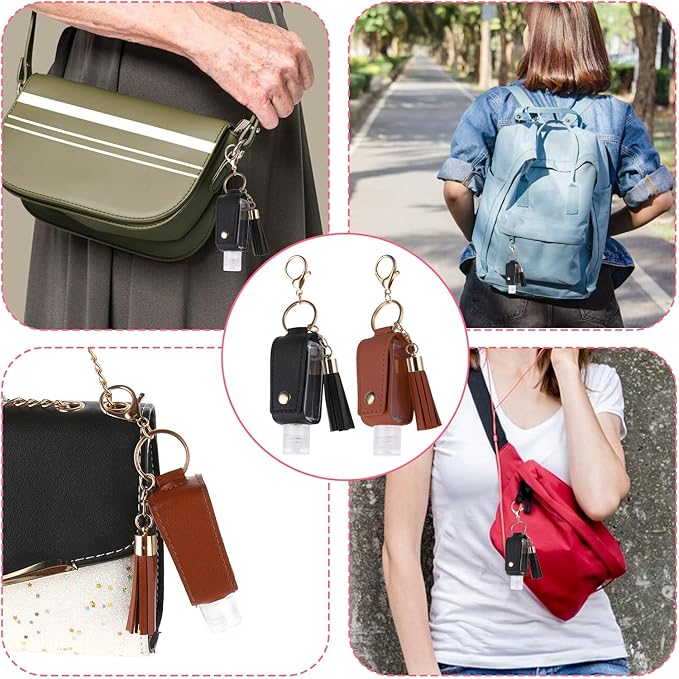 Molain 2 Pcs Hand Sanitizer Keychain 30ml Portable Leather Hand Sanitizer Holder Leakproof Empty Bottles Hand Sanitizer Travel Holder Bottle Refillable for Lotion Liquid Soap Shampoo(Brown,Black)