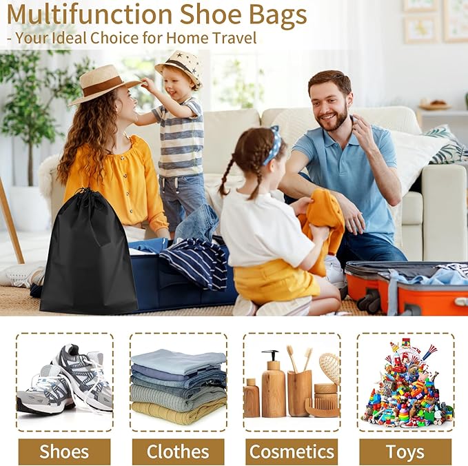 COIDEA 20 Pack Black Shoe Bags for Travel, 15.7" x 11.8", Waterproof Portable Drawstring Travel Shoe Storage Bags