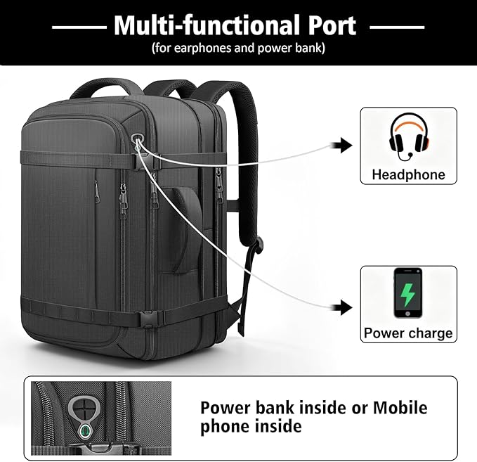 Ample Space Travel Backpack with LifetimeWarranty,Expandable Carry on Backpack with USB Cable Port,Fits 17.3"Laptop Notebook,Water Resistant Weekender Backpack Business Trips,Daily Travel,Black