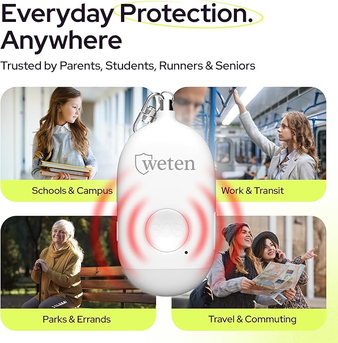 Weten Rechargeable Personal Alarm Keychain - 130dB Siren & LED Light - Stylish Personal Safety Alert for Women to Carry - Panic Button Alarm for Security - Rape Whistle for Self Defense (White)