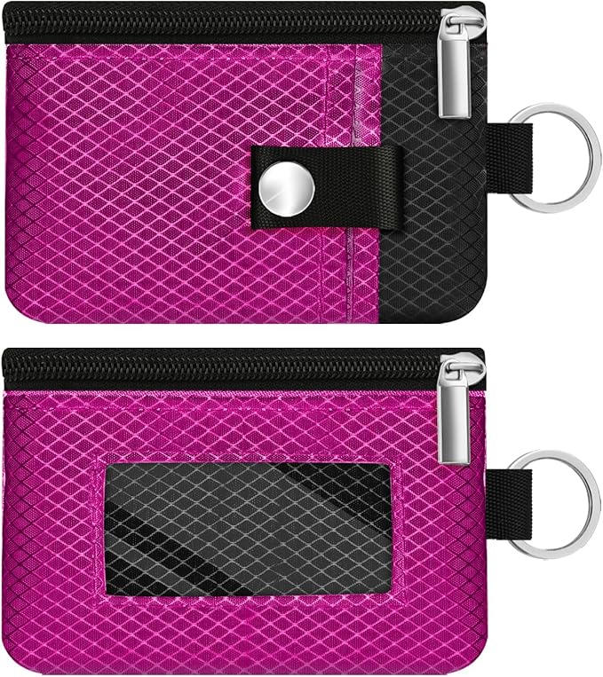 Minimalist RFID Blocking Small Wallet with ID Window,WaterResistant Zip Id Case Wallet with Lanyard Keychain for Cards,Cash,Travel,Women,Men (Purplish Red/Black)