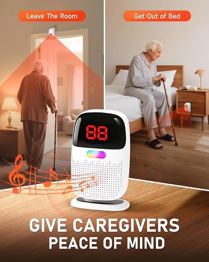 PILSAMAS Bed Alarms for Elderly Dementia Patients - Digital Sensor ID Display & Clip-On Caregiver Pager, Wirelss 1000ft Range, No Month Fee, Motion Sensors for Fall & Room Exit Alerts