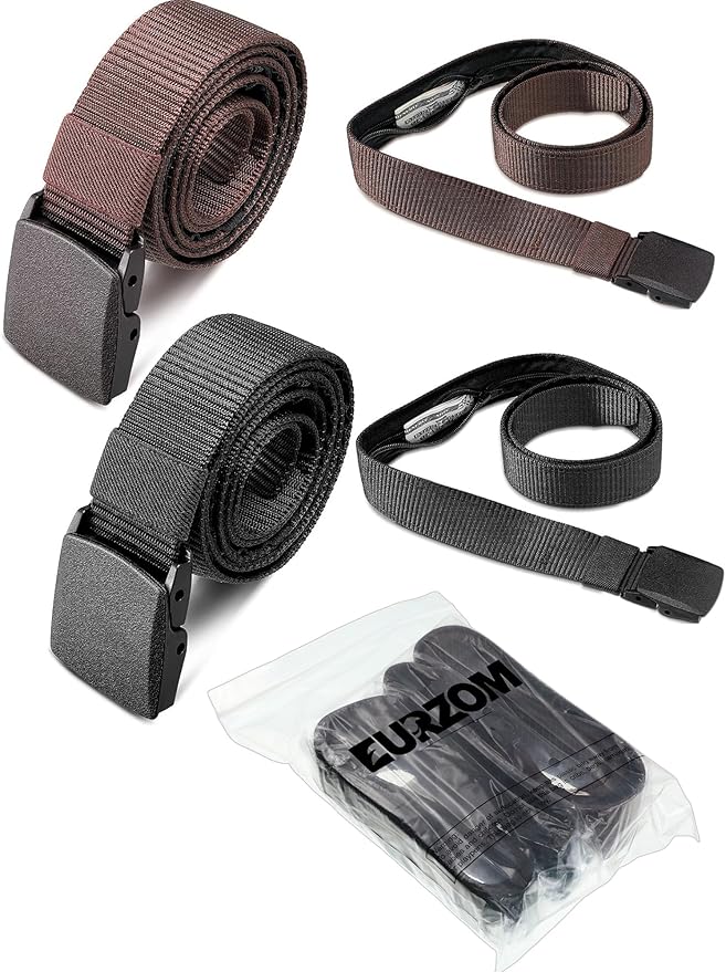 Eurzom 2 Pcs Money Belts for Men Hidden Money Pocket Travel Security Belts, Nylon Anti Theft Wallet with Plastic Buckle for Business Outdoor Working, Gift for Dad Men Boyfriend, Coffee and Black
