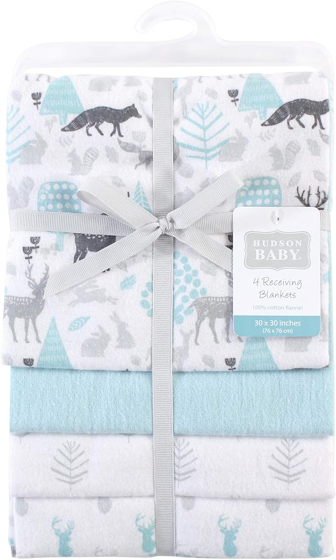 Hudson Baby Unisex Baby Cotton Flannel Receiving Blankets, Linocut Woodland, One Size