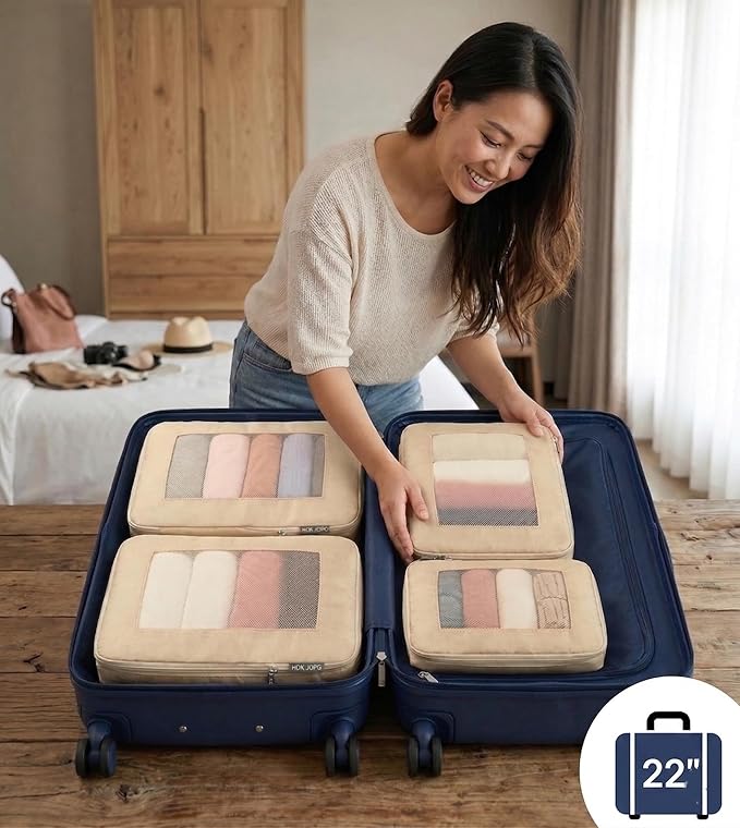 Compression Packing Cubes For Carry On Suitcase 20-22 Inch, 4 Pcs Expandable Packing Cubes For Travel for Luggage, Space Saving Travel Essentials