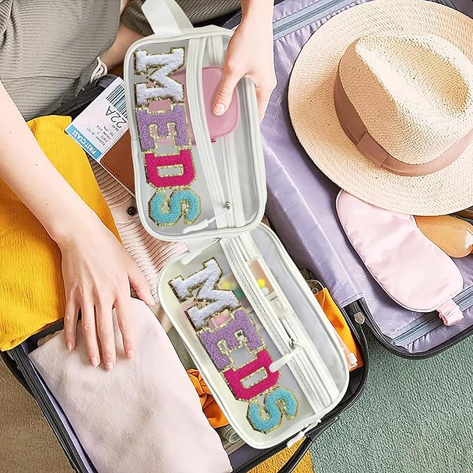 COSHAYSOO Clear MEDS Bag Travel Medicine Zipper Pouch Small Medication Drug Pills Storage Case, Preppy Cute Cruise Air Car Traveling Essentials Accessories Organizer Easter Gift for Women Teen Girls