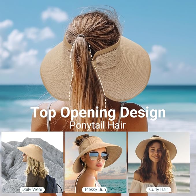 PFFY Sun Visors Hats for Women Wide Brim Straw Visor Packable Foldable Ponytail Travel Beach Hat Vacation Essentials