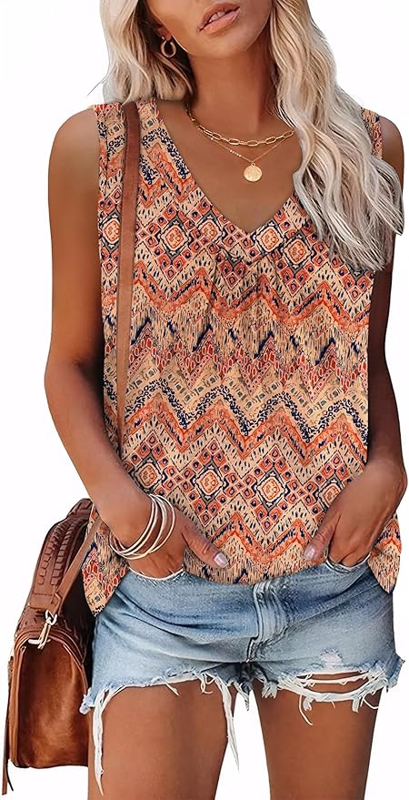 OFEEFAN Tank Top for Women Loose Fit Sleeveless Shirts V Neck Summer Clothes Ruched Women's Tees and Tanks Curved Hem