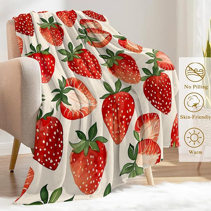 Strawberry Flannel Blanket - Fresh Sweet Summer Fruit Berry Throw - Lightweight Soft Cozy Gifts Blankets for Kids Adult,Modern Home Room Picnic Bedroom Rustic Country Decor 50x60in