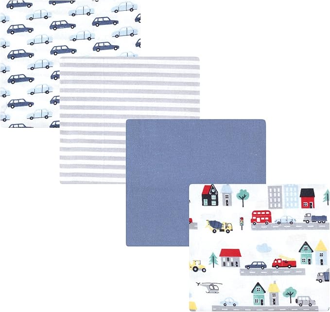 Hudson Baby Unisex Baby Cotton Rich Flannel Receiving Blankets 4-Pack, City Life, One Size