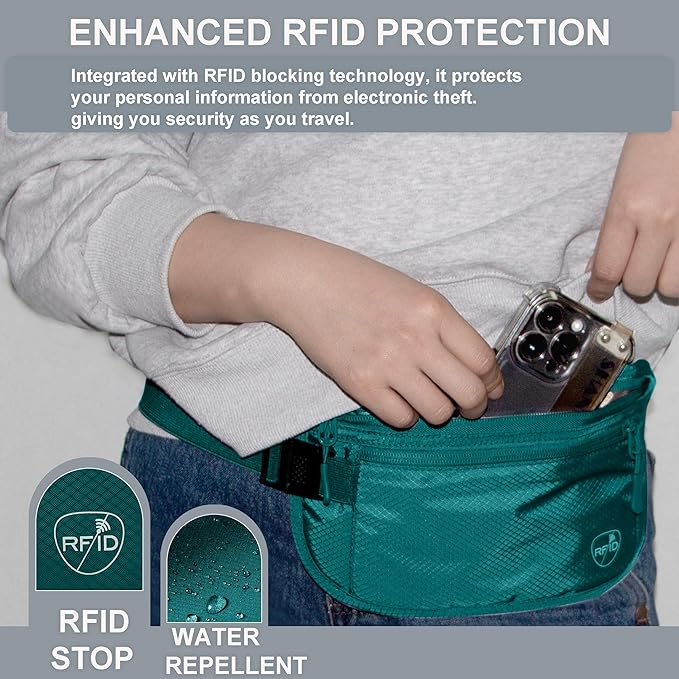 SUPACOOL Money Belt, Hidden Travel Wallet for Passport, RFID Blocking Passport Pouch, Undercover Fanny Pack(Green)