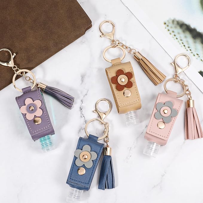 4Pcs Portable Empty Bottle Keychain, 1oz/30ml PU Leather Handwashing Fluid Holder, Refillable Plastic Bottles Travel Holder for Toiletry Lotion Liquid Soap Shampoo
