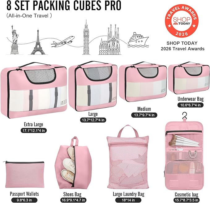 Veken 8 Set Packing Cubes for Travel Essentials, Suitcase Organizer Bags in 4 Sizes, Carry-On Luggage Accessories with Large Laundry Bag & Passport Holder, Must-Have for Airplane, Road Trip & Camping