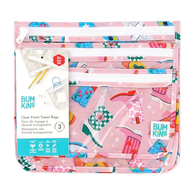 Bumkins Travel Bag, Toiletry, TSA Approved Pouch, Zip Bag, Quart Size Airline Compliant, Clear-Sided, Baby Diaper Bag Organization, Makeup, Accessories, CarryOn Packing, Set of 3 Sizes, Cowgirl Boots
