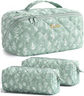 Travel Makeup Bag, 3 Pcs Large Capacity Puffy Toiletry Bag for Women, Open Flat Make up Cosmetic Organizer w/Handle & Clear Divider Water-resistant Portable Pouch Travel Essentials, L-Green Floral