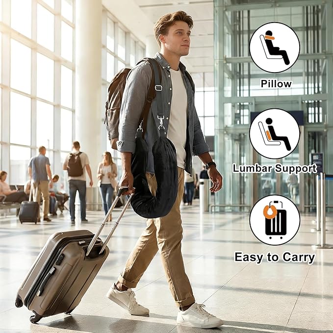 Stuffable Travel Neck Pillow, Soft Velvet Fillable Airplane Pillow for Clothes, Adjustable Neck Fit, Carry-On Packing Luggage Saver