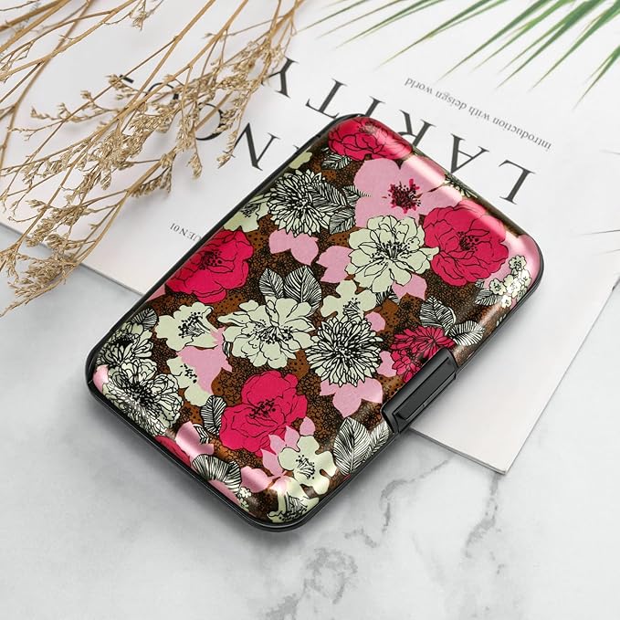 ELFISH RFID Blocking Credit Cards Holder Aluminum Wallet Metal ID Case for Men Women (Flourishing Flowers)