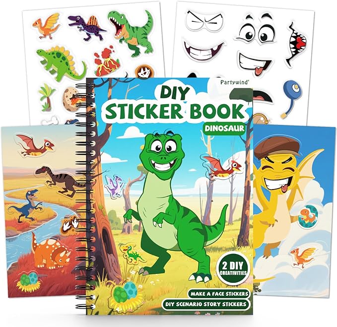 Dinosaur Reusable Sticker Book for Toddlers, DIY Make-a-face Animals Jelly Fun 3D Stickers, Washable Puffy Stickers for Kids Toys, Airplane Road Trip Travel Activities Essentials for Kids 3 4 5 Years