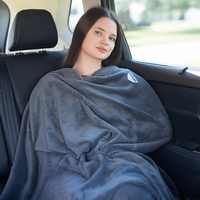BlueHills Soft 2 Pack Travel Blankets Mini Set of 2 - Premium Airplane Travel Essential Flight Blanket Throw in a case with Strap Compact for Car Plane Travel Gift – Gray and Beige.