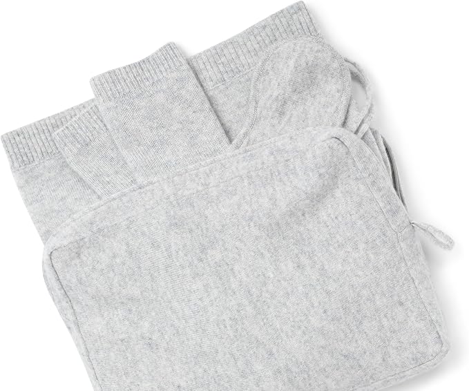 Jet&Bo 100% Pure Cashmere Travel Set: Blanket, Eye Mask, Socks, Carry/Pillow Case Gray in Gift Box