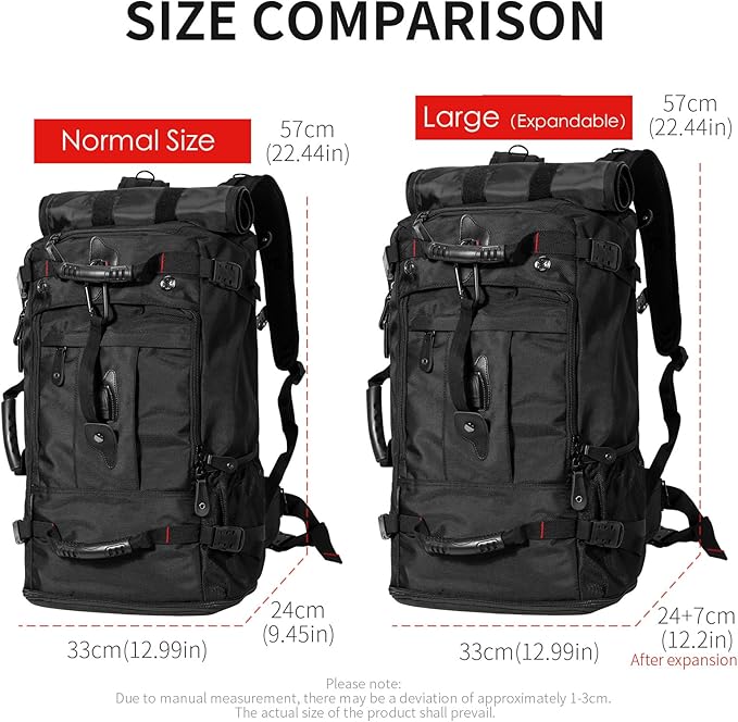 YOUMIAN Large Capacity For Travel Hiking Sports Carry On Backpack Durable Convertible Duffle Bag Laptop airplane (BLack, 45L-Normal)