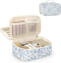 Relavel Travel Makeup Bag, Small Floral Cosmetic Bag with Makeup Brush Compartment, Portable Makeup Pouch for Women, Double Layer Makeup Organizer Bag Cute Toiletry Bag