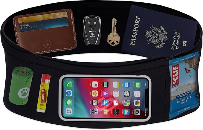 Sporteer VersaMax Anti-Theft Running Belt - Secure Double-Flap Waist Pack - Fits All Mobile Phones - Pickpocket-Proof Travel Money Belt & Medical Device Holder - Premium Nylon Spandex (Neutral Medium)
