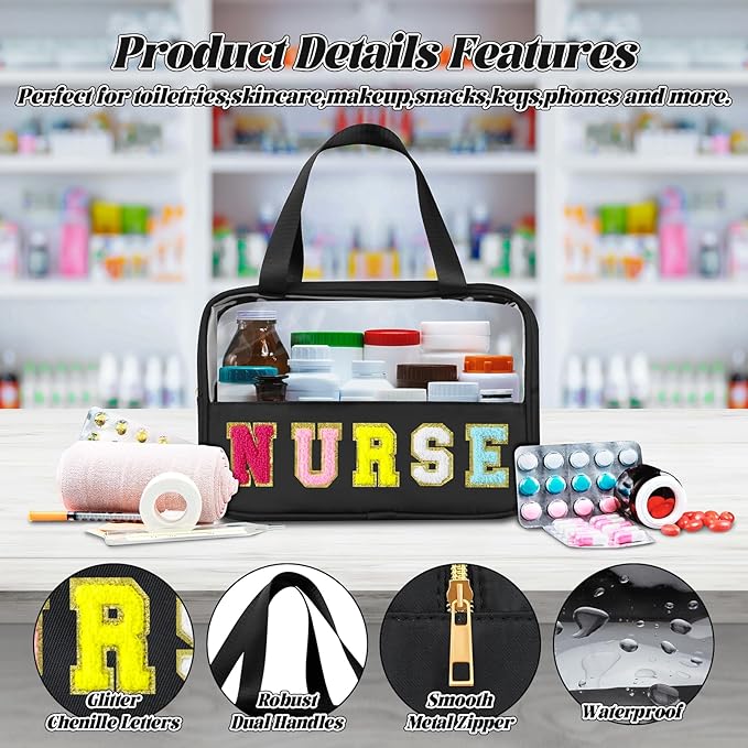 BuyCard Chenille Letter Patch Clear Travel Bags, Preppy PVC&Nylon Makeup Bag with Handle and Zipper, Waterproof Large Clear Travel Toiletry Bag Storage Bag for Women Girls