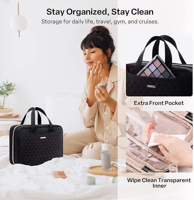 Everfun Hanging Toiletry Bag for Travel, 12x9x4.5 inch Large Capacity Cosmetic Organizer with Leakproof Wet/Dry Compartment, Waterproof Dopp Kit Toiletries Bag for Women Black