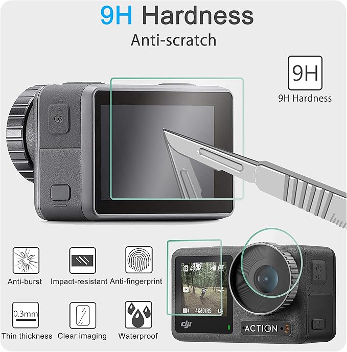 FiTSTILL Tempered Glass Screen Protector with Silicone Lens Cap for DJI Osmo Action 4,Ultra HD 9H Hardness,Scratch Resistant Bubble Free Action 4 Accessories