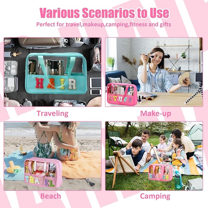 BuyCard Chenille Letter Patch Clear Travel Bags, Preppy PVC&Nylon Makeup Bag with Handle and Zipper, Waterproof Large Clear Travel Toiletry Bag Storage Bag for Women Girls