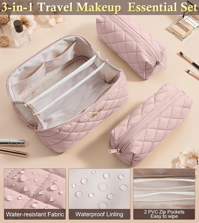 Travel Makeup Bag, 3 Pcs Large Capacity Puffy Toiletry Bag for Women, Open Flat Make up Cosmetic Organizer w/Handle & Clear Divider Water-resistant Portable Pouch Travel Essentials, M-Beige Rose