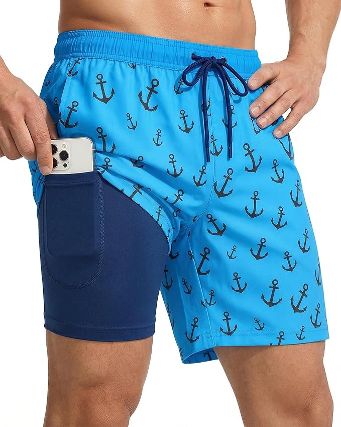 7 Inch Men Swim Trunks with Compression Breathable Liner Quick Dry Zipper Pockets for Pool Board Beach Cruise