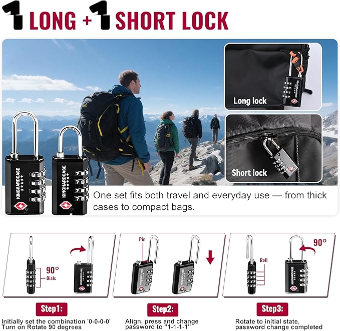 Kinghardcase 2 Pack TSA Locks for Luggage, 4-Digit Combination Travel Locks for Gun Cases, Toolboxes, Ammo Cases, Bags, Suitcases, Backpacks, Resettable Zinc Alloy Lock with Hook