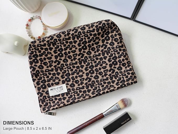 HAPPYHEIDI Leopard Print Makeup Bag with Pocket Large Cosmetic Toiletry Travel Pouch, Small Accessory Organizer Bag, Brown Cheetah, Lined, Zipper Closure, 8.5x2x6.5 Inches