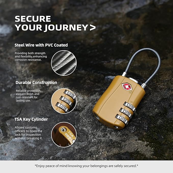 TSA Locks for Luggage, Small Padlock Combination with Cable, Luggage Locks TSA Approved, Combo Padlock with Code, for Travel Suitcase, Gym Locker, Gun Case, Backpack Zipper (Black+Golden)