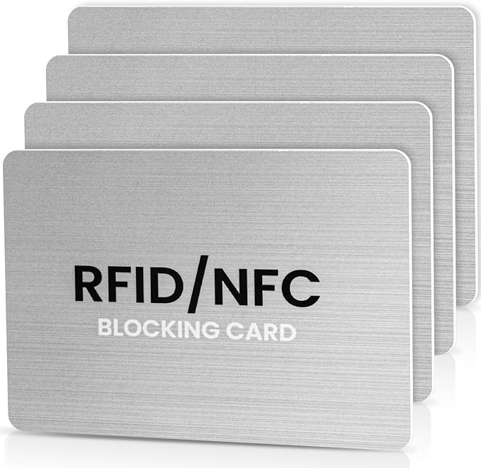 RFID Blocking Cards, Premium Contactless NFC Debit Credit Card & Passport Protector Blocker Set for Men & Women - Smart Slim Design One Card Protects Entire Wallet/Purse Safe - Silver 4 Pack