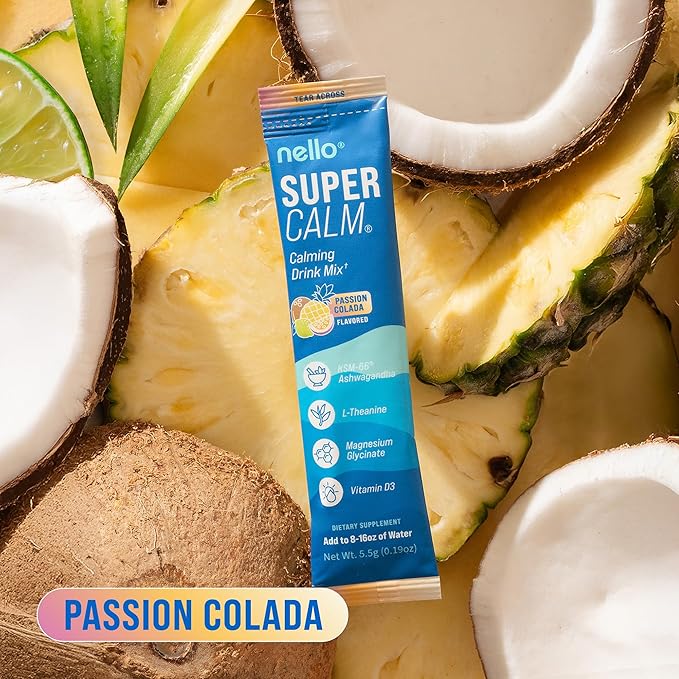 Nello Supercalm Powdered Drink Mix, Cortisol Reducer* and Sleep Aid Supplement, L Theanine, Ksm-66 Ashwagandha, Magnesium Glycinate, Vitamin D 3, No Sugar, Non GMO, On The Go, 20 Ct, Passion Colada