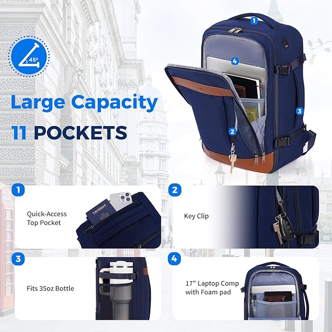ECOHUB 17" Travel Backpack for Men United Airlines Personal Item Travel Bag TSA Friendly Business Computer Bag with USB Charging Port & Wet Compartment,Blue
