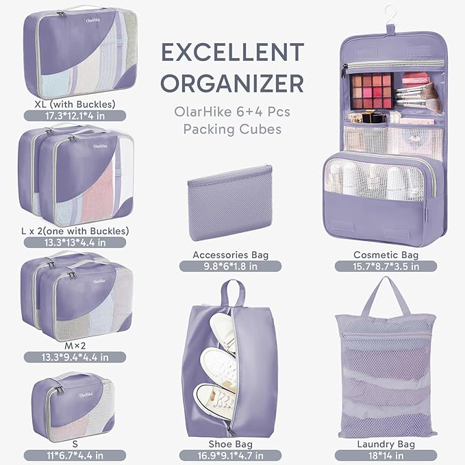OlarHike ALL INCLUDED 10 Set Durable Packing Cubes for Travel,Gifts for Women Mom,Luggage & Suitcase Organizers with Toiletry Bag,Vacation Essentials for Cruise & Plane,Beach Accessories,Purple Gray