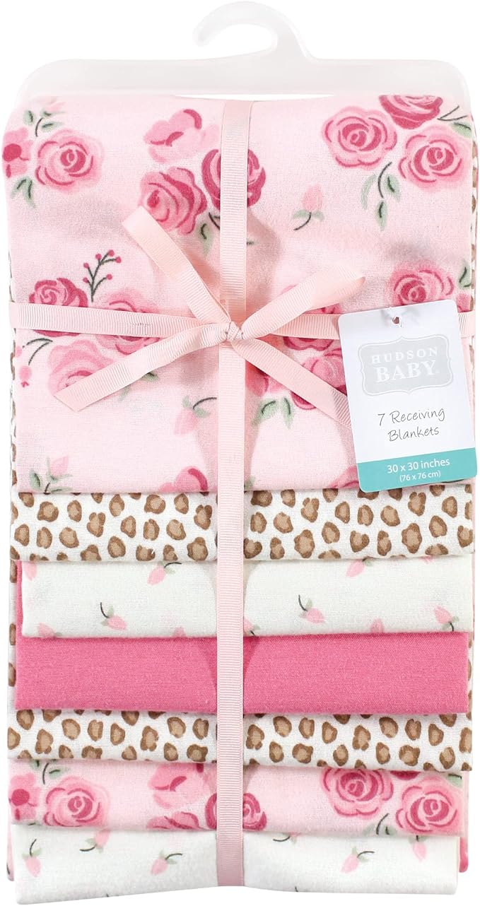 Hudson Baby Unisex Baby Cotton Flannel Receiving Blankets Bundle, Blush Rose, One Size