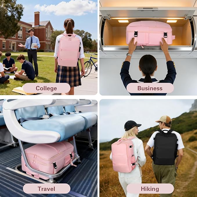 Carry On Backpack for Women & Men – Airline Approved Underseat Size, 15.6" Laptop Compartment, TSA-Friendly 180° Opening, Anti-Theft Business Travel Backpack with Trolley Sleeve (Pink, Large)