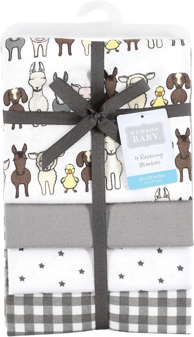Hudson Baby Unisex Baby Cotton Flannel Receiving Blankets, Farm Friends Grey, One Size