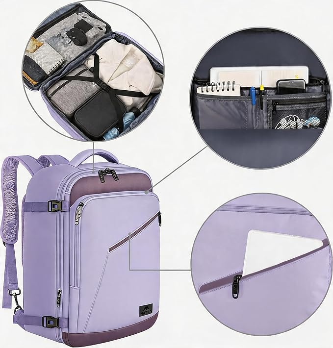 MATEIN Purple Travel Backpack, Large Capacity Carry on Backpack with Detachable Shoulder Straps, Water Resistant Personal Item Bag for Traveler, Traveling Essential for Women