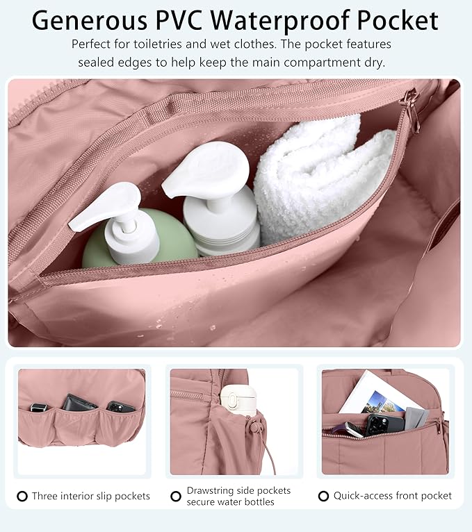 Lightweight Travel Duffle Bag for Women, Quilted Puffy Weekender with Wet Pocket for Gym, Overnight, Personal Item Carry On, Dark Pink