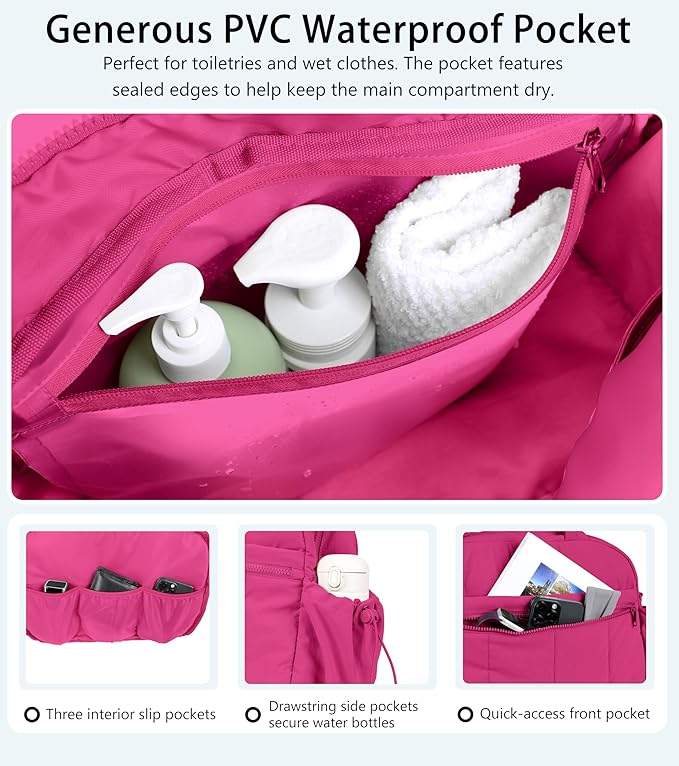 Lightweight Travel Duffle Bag for Women, Quilted Puffy Weekender with Wet Pocket for Gym, Overnight, Personal Item Carry On, Rose Red