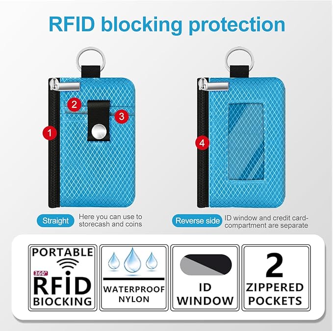 Minimalist RFID Blocking Small Wallet with ID Window,WaterResistant Zip Id Case Wallet with Lanyard Keychain for Cards,Cash,Travel,Women,Men (Lake Blue)