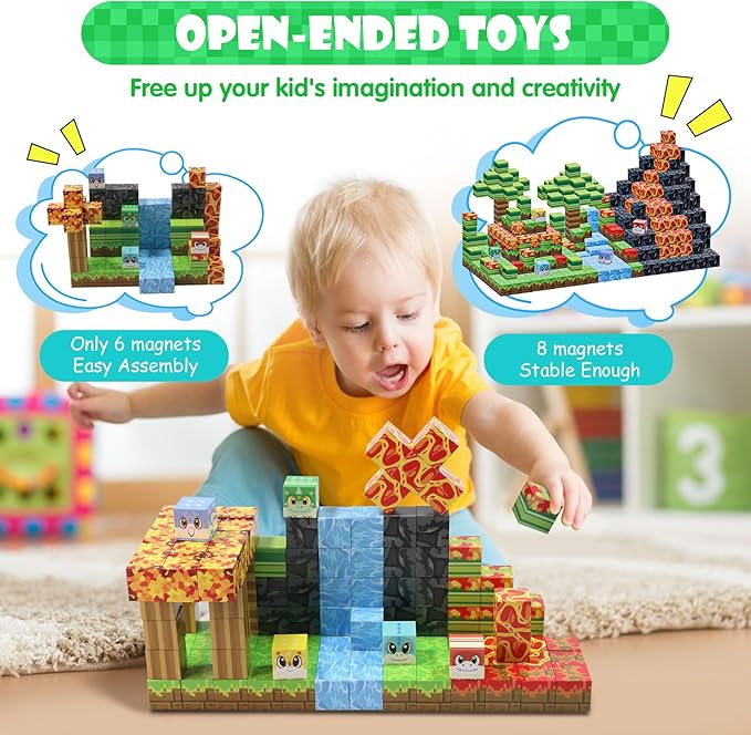 SKTMYY Magnetic Blocks-Volcano & Dinosaur Magnetic Building Blocks Ages 4-8, STEM Sensory Magnet Blocks Cubes Toys for Kids Toddlers Boys & Girls