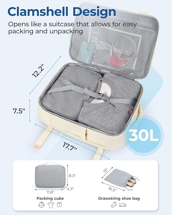 BAGSMART Travel Backpack for Women Men, 30L Carry on Backpack for Airplanes, 17 Inches Backpack for Women, with Shoe Bag & Storage Bag, Backpack Suitcase for Travel, Beige